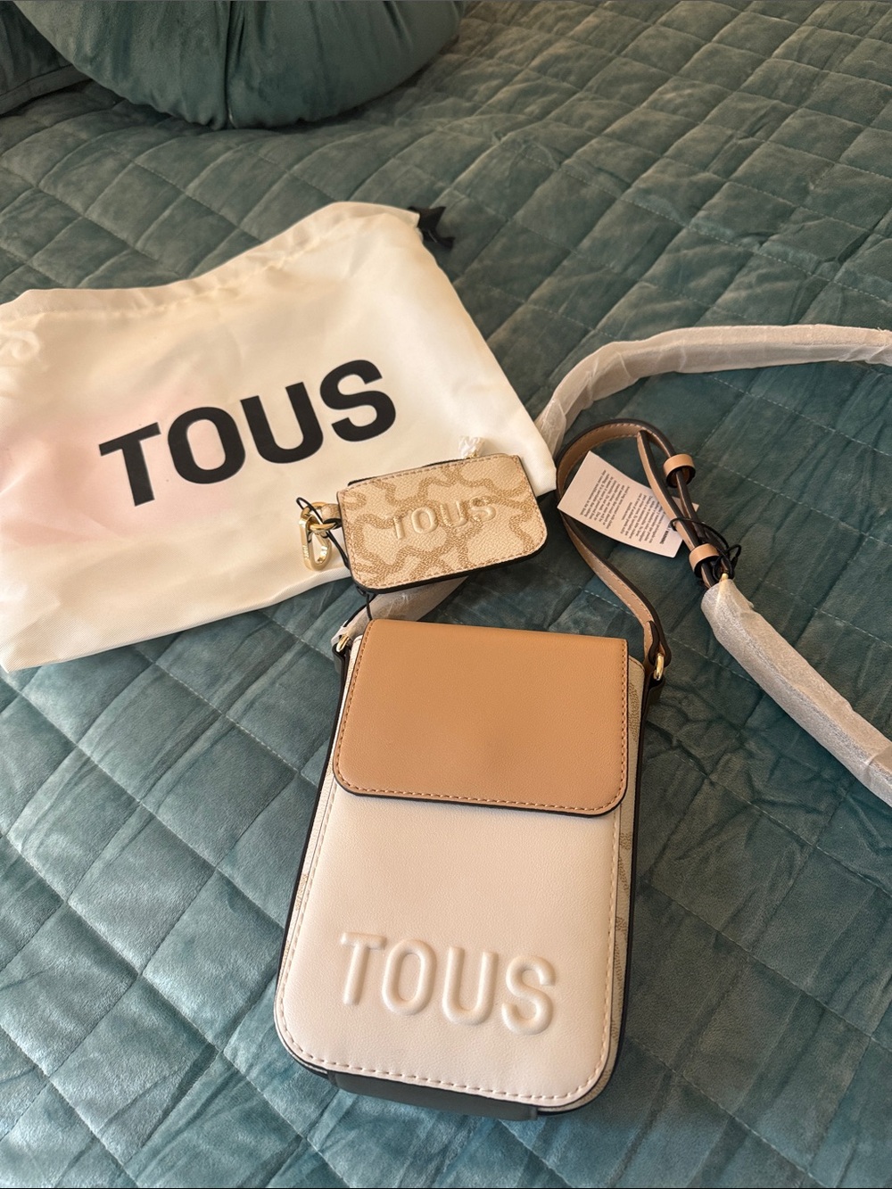 TOUS Two-Tone Cream and Beige Crossbody Phone Pouch with Coin Case